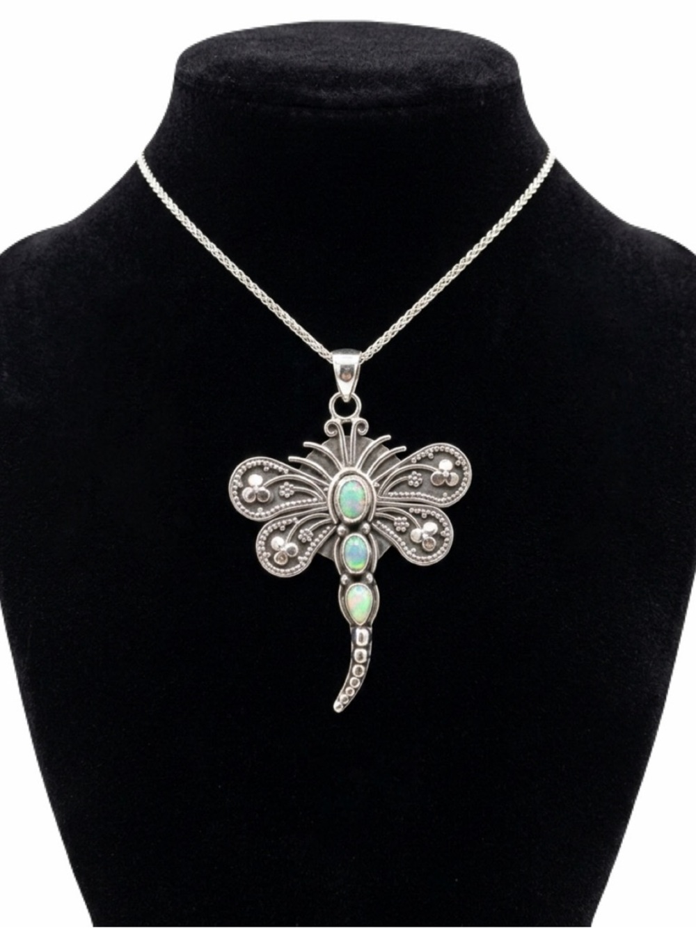 New Woman’s Antique Silver Handmade Bohemian Fire Opal Dragonfly Necklace